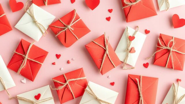 Red and white gift envelopes with small hearts on pink background for romantic celebration or Valentine&rsquo;s Day