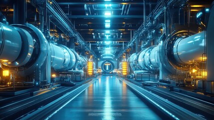 Obraz premium A massive futuristic factory with glowing blue pipelines and robotic arms 