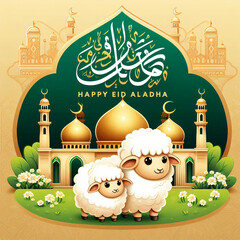 Happy Eid al-Adha Greeting with Sheep and Mosque