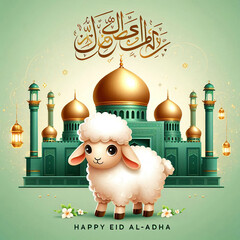 Eid al-Adha Celebration with Cute Lamb and Mosque