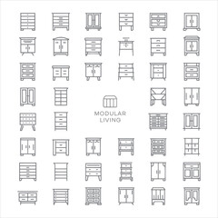 Collection of modular furniture icons featuring various chests cabinets and cupboards in line style