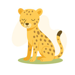 Cartoon cheetah sitting on grass with eyes closed, peaceful pose and stylized spots highlight charm and gentle expression for educational or playful content.
