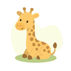 Cartoon giraffe sitting on green grass with long neck and gentle smile, giraffe soft colors and round forms make it perfect for nursery decor or animal-themed learning tools.