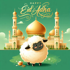 Happy Eid al-Adha Celebration with Mosque and Sheep