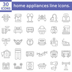  home appliances line icons. Electronic equipment, cooking, cleaning, entertainment, body care. outline symbol collection.