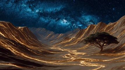 Fototapeta premium Glowing Golden River Landscape Night Sky Single Tree Fantasy Art