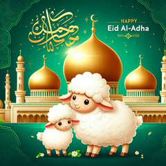 Happy Eid al-Adha with Sheep and Golden Mosque