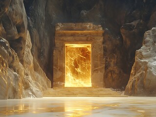 Majestic stone gateway radiates warmth nestled within cavernous rocky cliffs