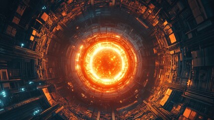 A glowing nuclear reactor core in a high-tech industrial facility