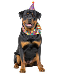 Obraz premium Cheerful Rottweiler wearing colorful festive outfit, complete with party hat and vibrant scarf, exudes joy and celebration. This playful dog is perfect for any festive occasion