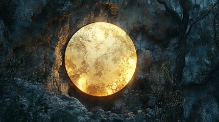 Golden Disk nestled into Rock Face, an otherworldly celestial object embedded in the earth