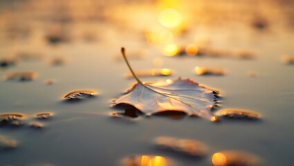 Leaf floating on water at sunset with bokeh lights