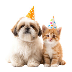 Fluffy Shih Tzu and playful orange kitten both wearing colorful party hats, exuding joyful and festive atmosphere. They sit closely together, embodying spirit of celebration and companionship