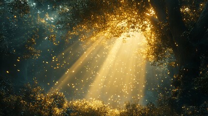 Obraz premium Mystical sunbeams cascading through forest canopy creating ethereal ambiance