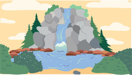 Waterfall with Rocks and Trees