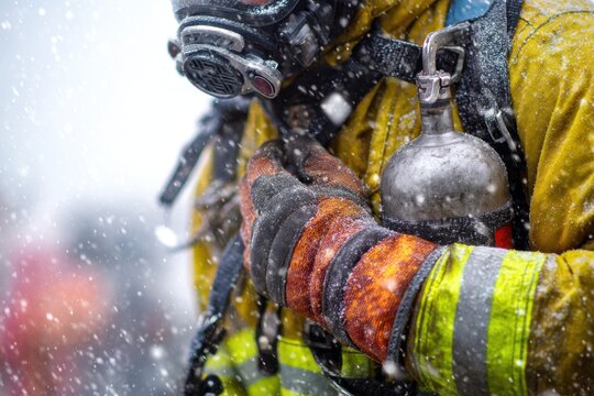 Firefighter In Snowstorm With Full Protective Gear On