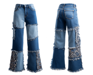 Blue Denim Patchwork Pants with Frayed Edges, PNG