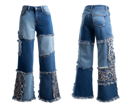 Blue Denim Patchwork Pants with Frayed Edges, PNG