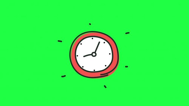 Animated clock doodle icon on a vibrant green screen background. Features a simple red frame and ticking hands, ideal for YouTube edits, time-related explainer videos, reminders, or educational visual - Powered by Adobe