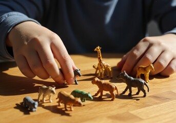 A child's hand interacts with toy animals, creating a playful scene.
