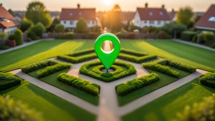 Obraz premium Green location pin on manicured lawn in residential area