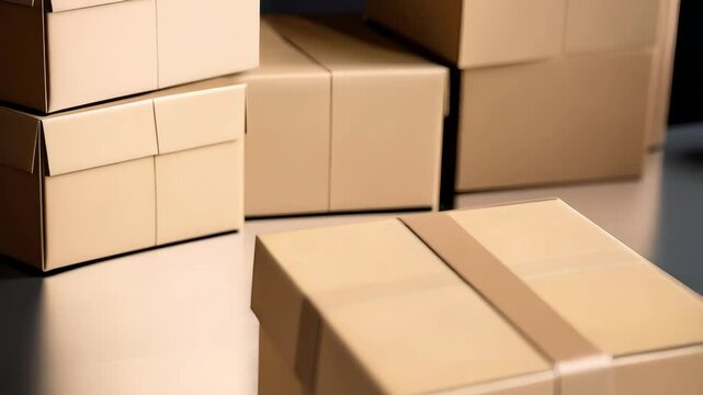 Brown cardboard boxes stacked on a floor in a warehouse setting ready for shipping and delivery with packing tape