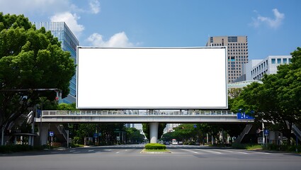 Fototapeta premium Blank billboard overpass on city street with buildings and trees