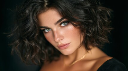 Fototapeta premium Stunning Woman Portrait Dark Hair Green Eyes Cinematic Lighting