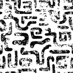 Seamless pattern, abstract doodles, curls, maze, grunge texture, vector background