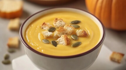 Creamy pumpkin soup garnished with croutons and pumpkin seeds.  Served in a bowl