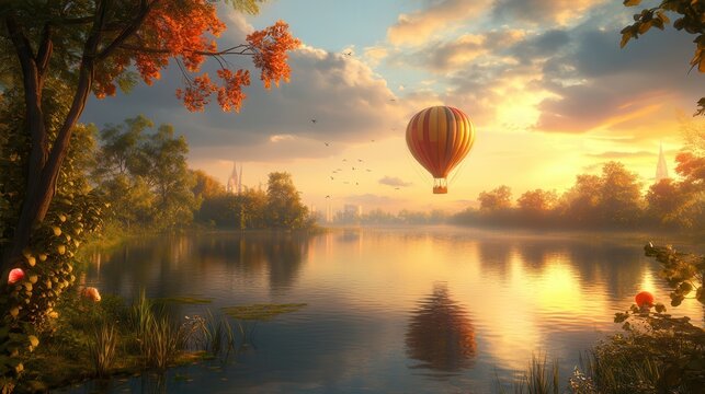 Serene Sunset Landscape with Hot Air Balloon Over Calm Lake - Powered by Adobe