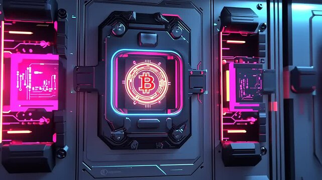 Futuristic cryptocurrency mining facility with glowing Bitcoin logos and vibrant neon lighting effects