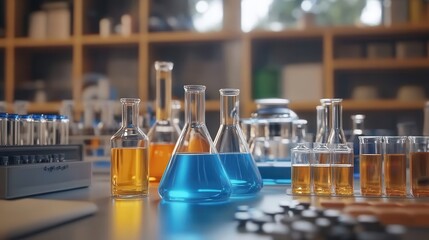 Scientific Experiment Glass Flasks with Colorful Liquids in a Laboratory Setting