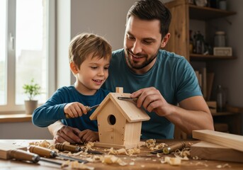 Father and son build a birdhouse together, enjoying a fun woodworking project.