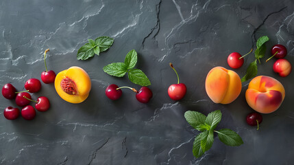 Exquisite Stone Fruits Peaches, Nectarines, Cherries with Mint on Slate Background