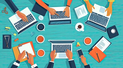 Collaborative team brainstorming session with laptops coffee and vibrant energy around a modern table in a light teal