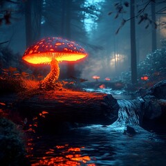 A glowing mushroom bridges worlds above a quiet stream.