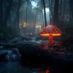 A glowing mushroom bridges worlds above a quiet stream.