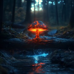 A glowing mushroom bridges worlds above a quiet stream.