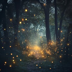 Fireflies dance in the hush of the forest dusk.