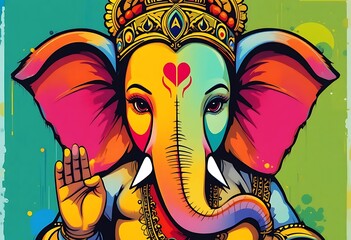Vibrant Elephant Graphic Art with Crown and Hand Raised
