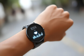 Fototapeta premium A smartwatch on a wrist displays heart rate, step count, and activity tracking in an outdoor setting.