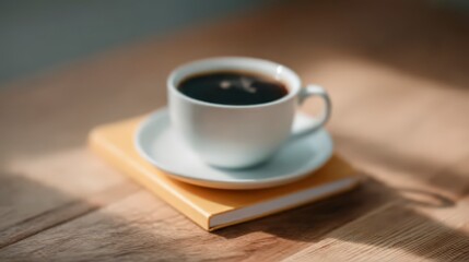 Obraz premium Morning Coffee Break Cup Notebook Sunlight Shadows Wooden Table