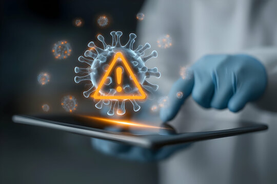 A person in gloves interacts with a tablet displaying a digital virus warning symbol, indicating a biohazard or cybersecurity alert. - Powered by Adobe