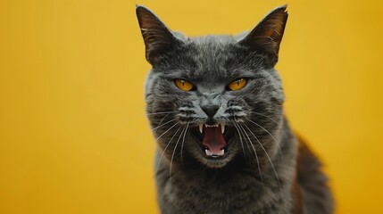 ortrait of an aggressive gray cat with an open mouth in a yellow background