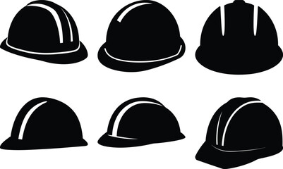 A collection of stylized black and white hard hats for construction use