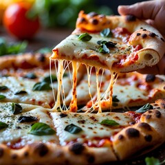 A slice of pizza with cheese pulled off of it. The pizza is topped with basil and tomatoes. 