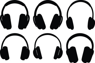 Monochrome pattern illustration of six headphones for listening to audio content