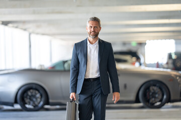 Rich business man outdoors. Rich businessman enjoying his success. Luxury businessman in elegant suit. Rich man front of expensive car. Luxury business travel. Confident rich businessman in a classic