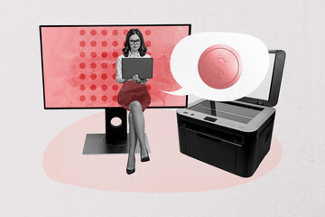 Trend composite sketch template 3D photo collage of monitor display young lady businesswoman sit...